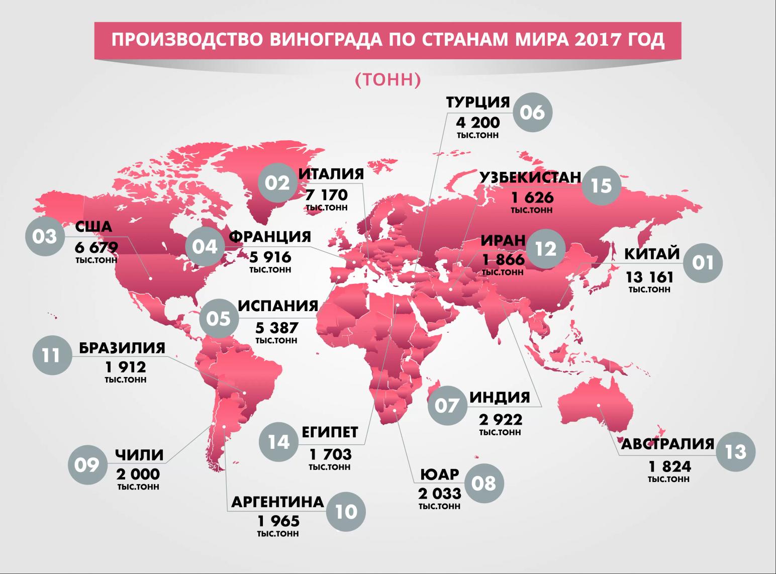 Страны-лидеры по производству винограда в 2017 году