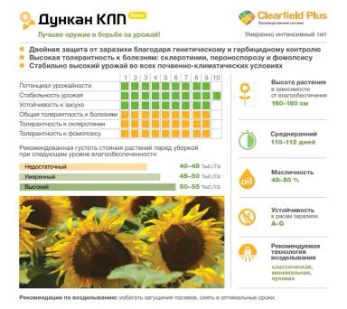 Дункан КЛП - гибрид подсолнечника ( Helianthus annuus L.). Умеренно-интенсивного типа. Среднепоздний. Технология Clearfield® Plus. Высокоолеиновый. Заразихоустойчивый (A-G).