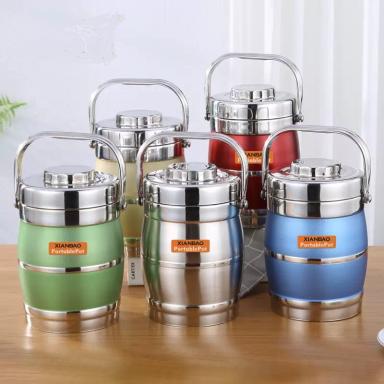 Термос 1,6 литра «БОЧКА» 3-х порционные нержавейка. цветные, закручивающиеся.