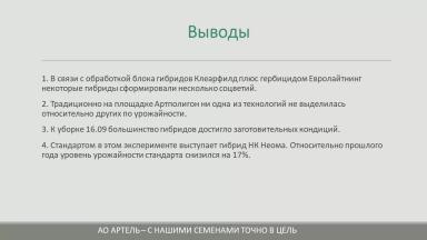 Сравнение урожайности гибридов подсолнечника на площадке АртПолигон 2021 Артель