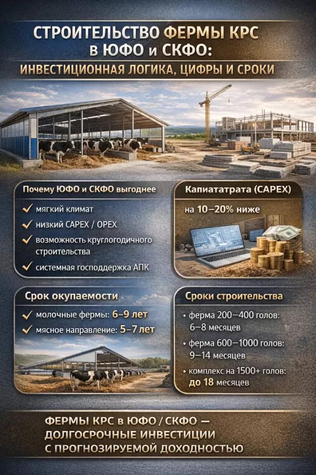 Строительство ферм КРС в ЮФО и СКФО: инвестиционная логика, цифры и сроки