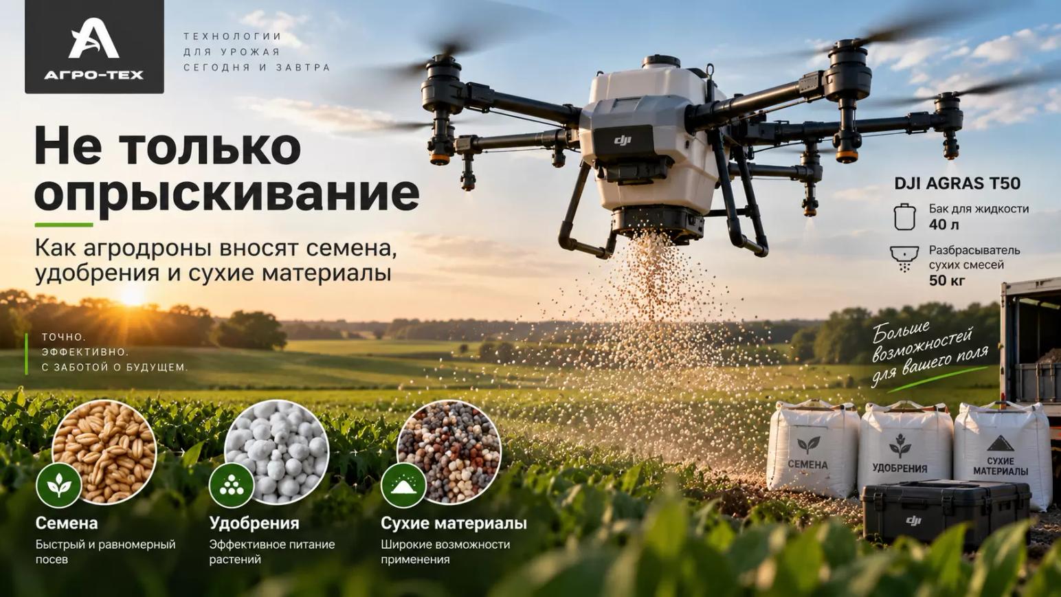 Не только опрыскивание: как агродроны вносят семена, удобрения и сухие материалы