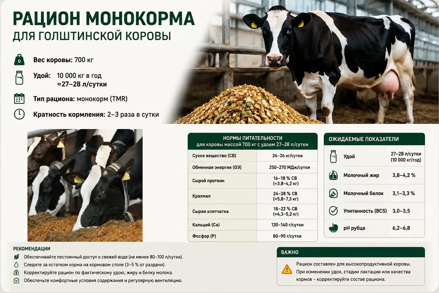 Рацион монокорма для голштинской коровы