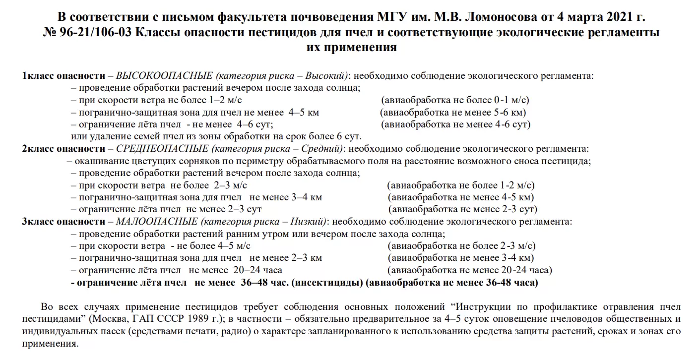 Условия для защиты пчел при проведении обработок пестицидами