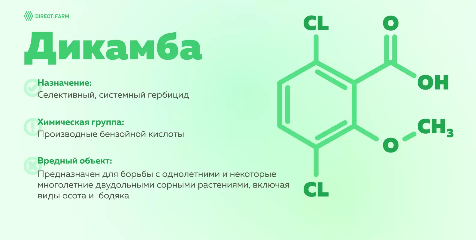 Дикамба: способ проникновения и применения, спектр действия, совместимость,  характеристики