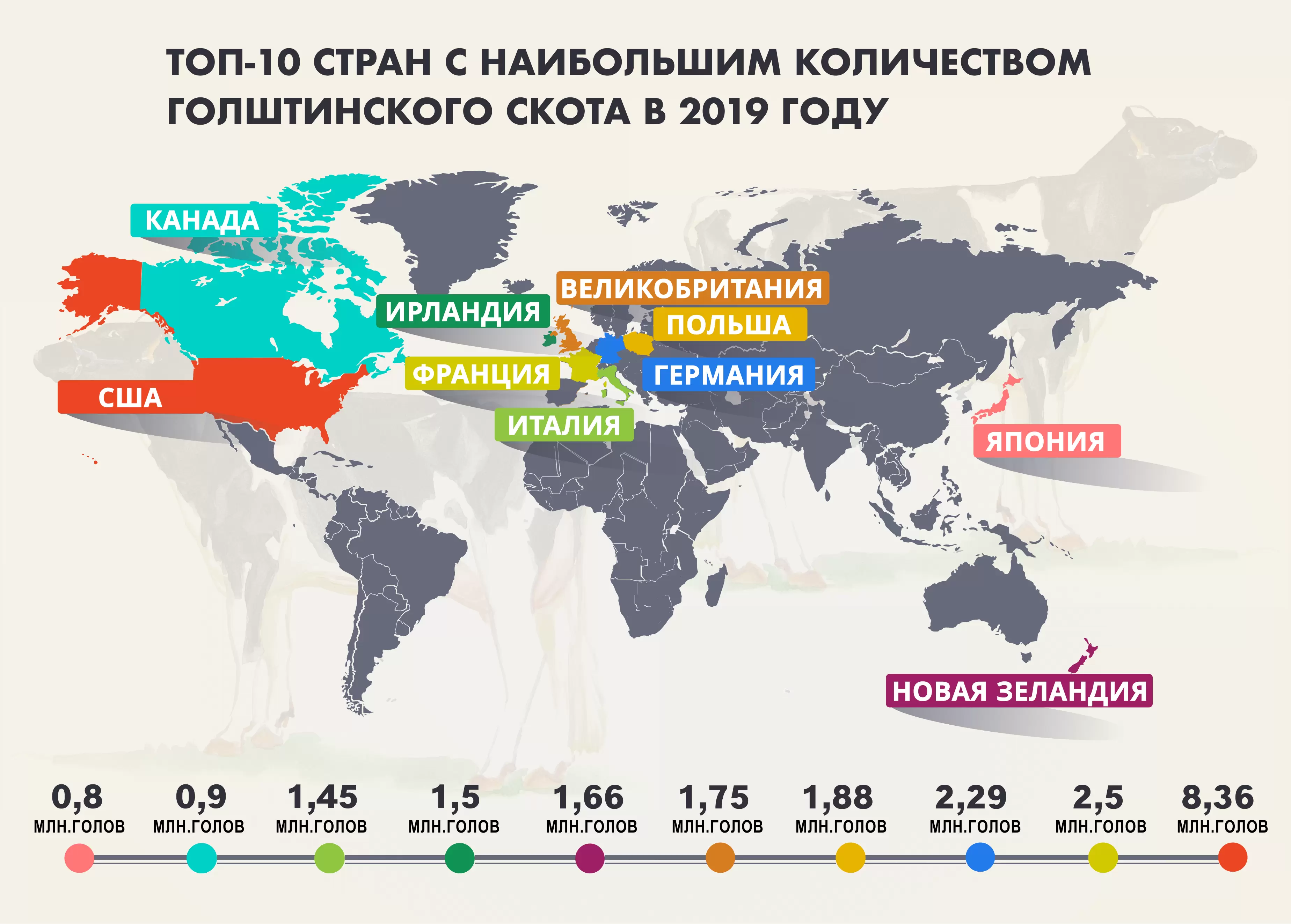 Топ-10 стран с наибольшим количеством голштинского скота в 2019 году