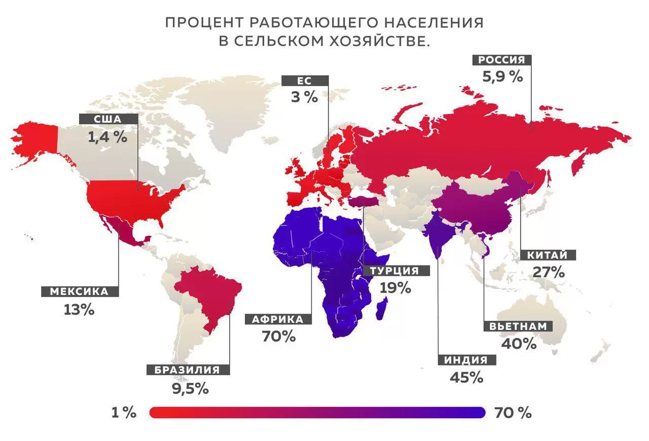 Процент работающего в сельском хозяйстве населения