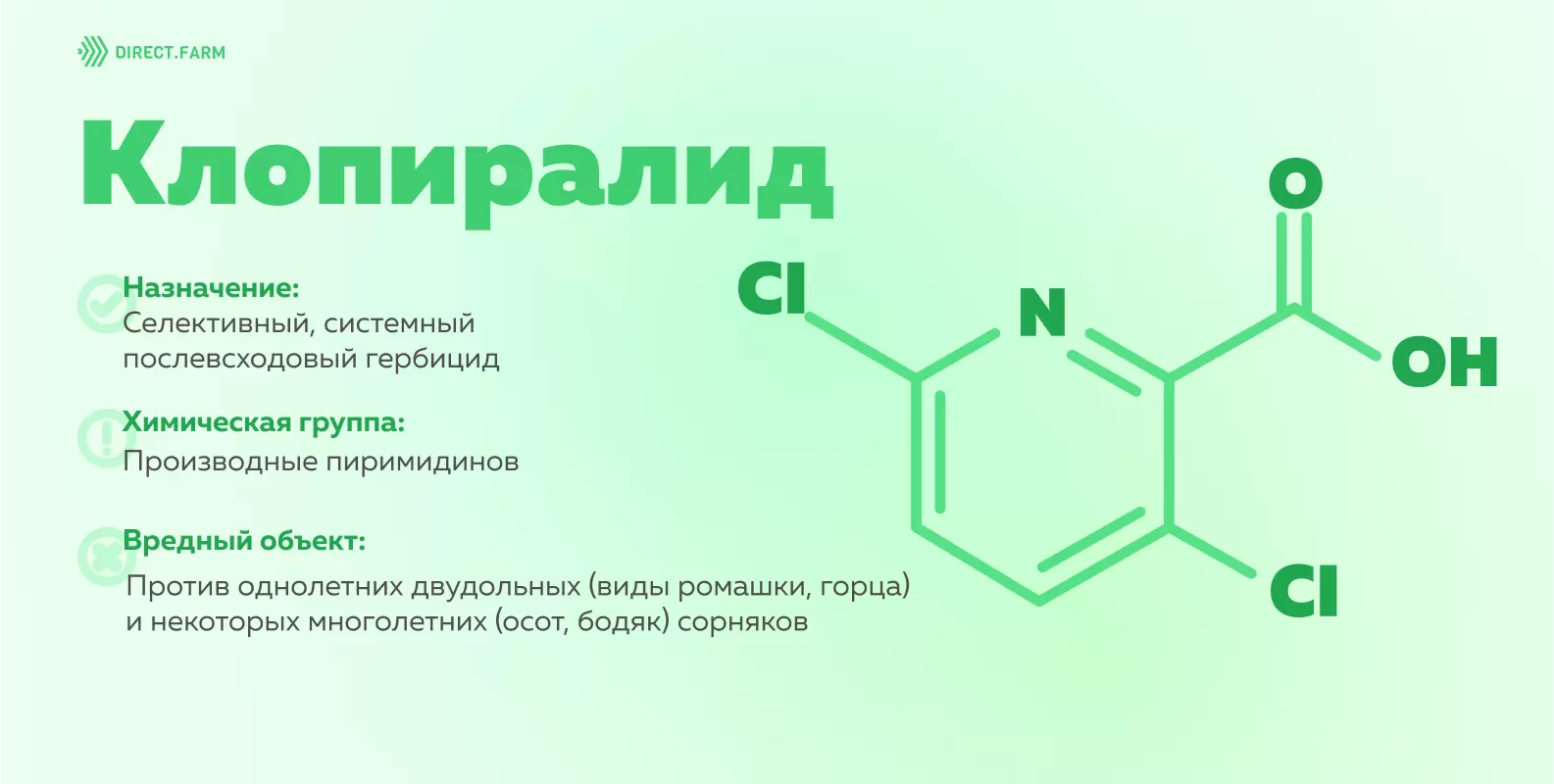 Клопиралид: способ проникновения и применения, спектр действия,  совместимость, характеристики